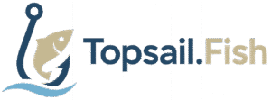 Topsail.Fish logo with a fish on a hook